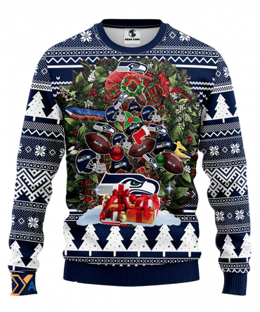 Ugly Christmas Sweater Seattle-Seahawks, Tree Blue/White