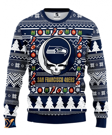 Ugly Christmas Sweater Seattle-Seahawks, Skull White/Blue