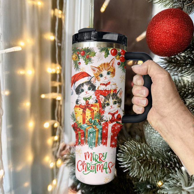 Gift-Giving Christmas Kitten Custom Stanley Quencher 40oz Stainless Steel Tumbler With Handle - Image 3
