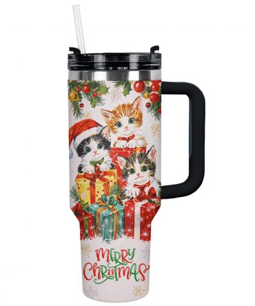Gift-Giving Christmas Kitten Custom Stanley Quencher 40oz Stainless Steel Tumbler With Handle