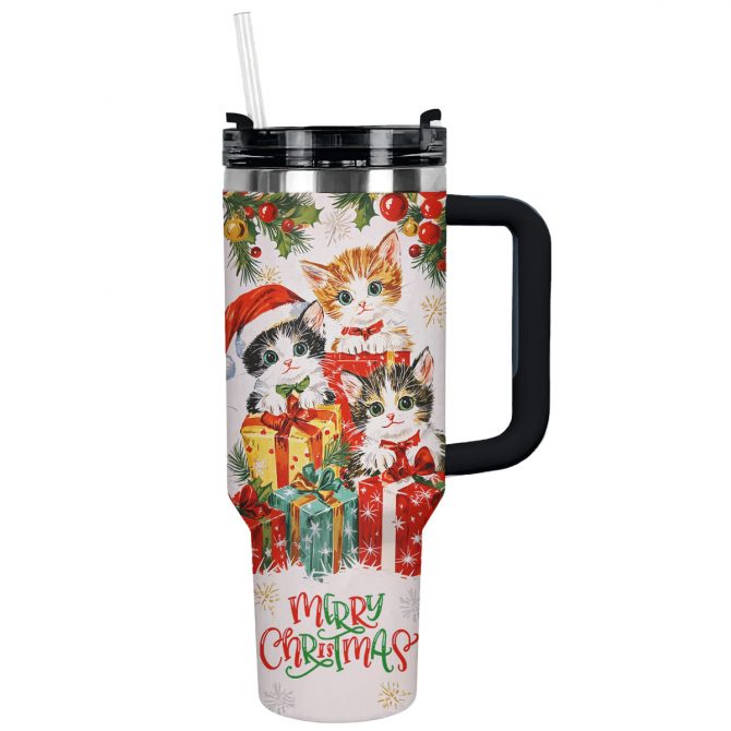 Gift-Giving Christmas Kitten Custom Stanley Quencher 40oz Stainless Steel Tumbler With Handle