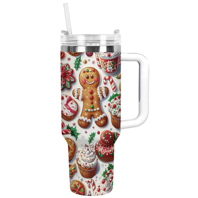 Gingerbread Man Christmas Custom Stanley Quencher 40oz Stainless Steel Tumbler With Handle