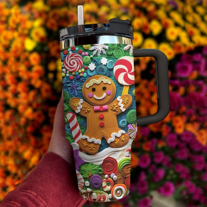 Gingerbread Man Christmas Custom Stanley Quencher 40oz Stainless Steel Tumbler With Handle - Image 3