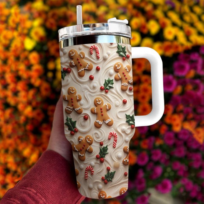 Gingerbread Man Christmas Custom Stanley Quencher 40oz Stainless Steel Tumbler With Handle - Image 3
