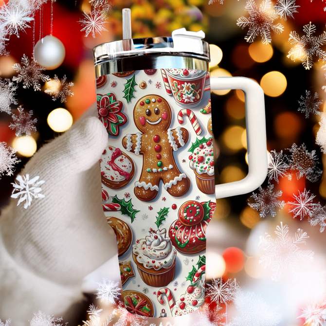 Gingerbread Man Christmas Custom Stanley Quencher 40oz Stainless Steel Tumbler With Handle - Image 2