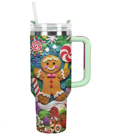 Gingerbread Man Christmas Custom Stanley Quencher 40oz Stainless Steel Tumbler With Handle