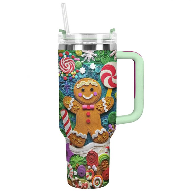 Gingerbread Man Christmas Custom Stanley Quencher 40oz Stainless Steel Tumbler With Handle