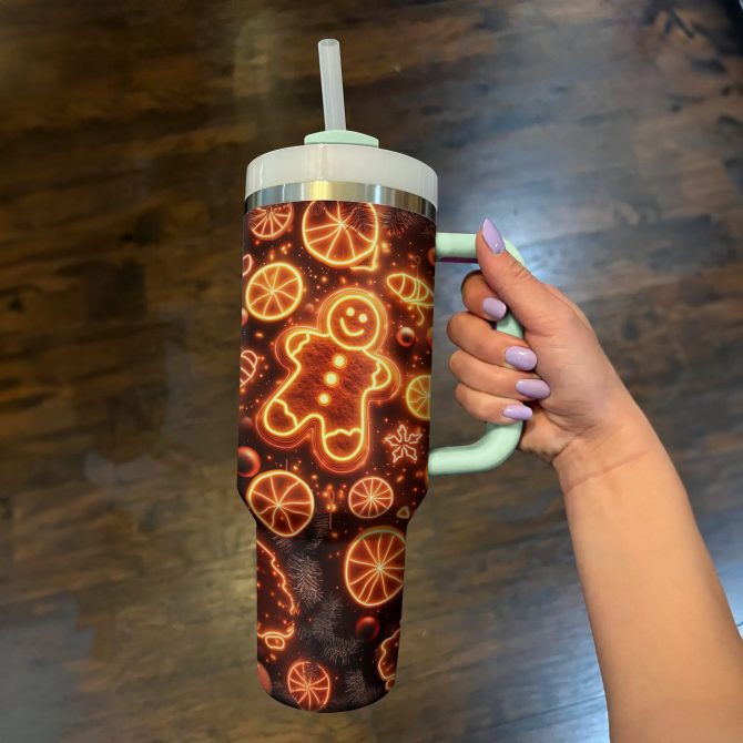 Glowing Gingerbread Christmas Custom Stanley Quencher 40oz Stainless Steel Tumbler With Handle - Image 2