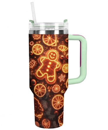 Glowing Gingerbread Christmas Custom Stanley Quencher 40oz Stainless Steel Tumbler With Handle