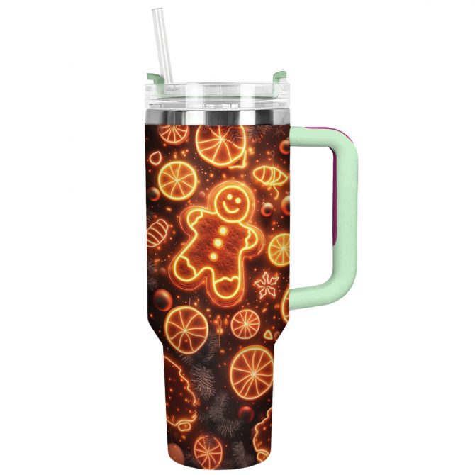 Glowing Gingerbread Christmas Custom Stanley Quencher 40oz Stainless Steel Tumbler With Handle