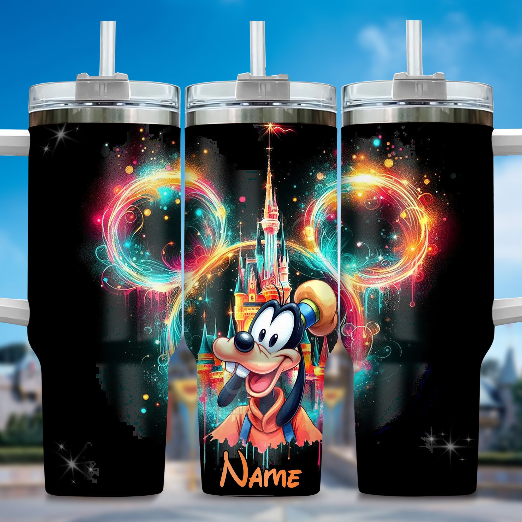 Personalized Magical Cartoon Castle Tumbler with Straw - Custom Name Gift