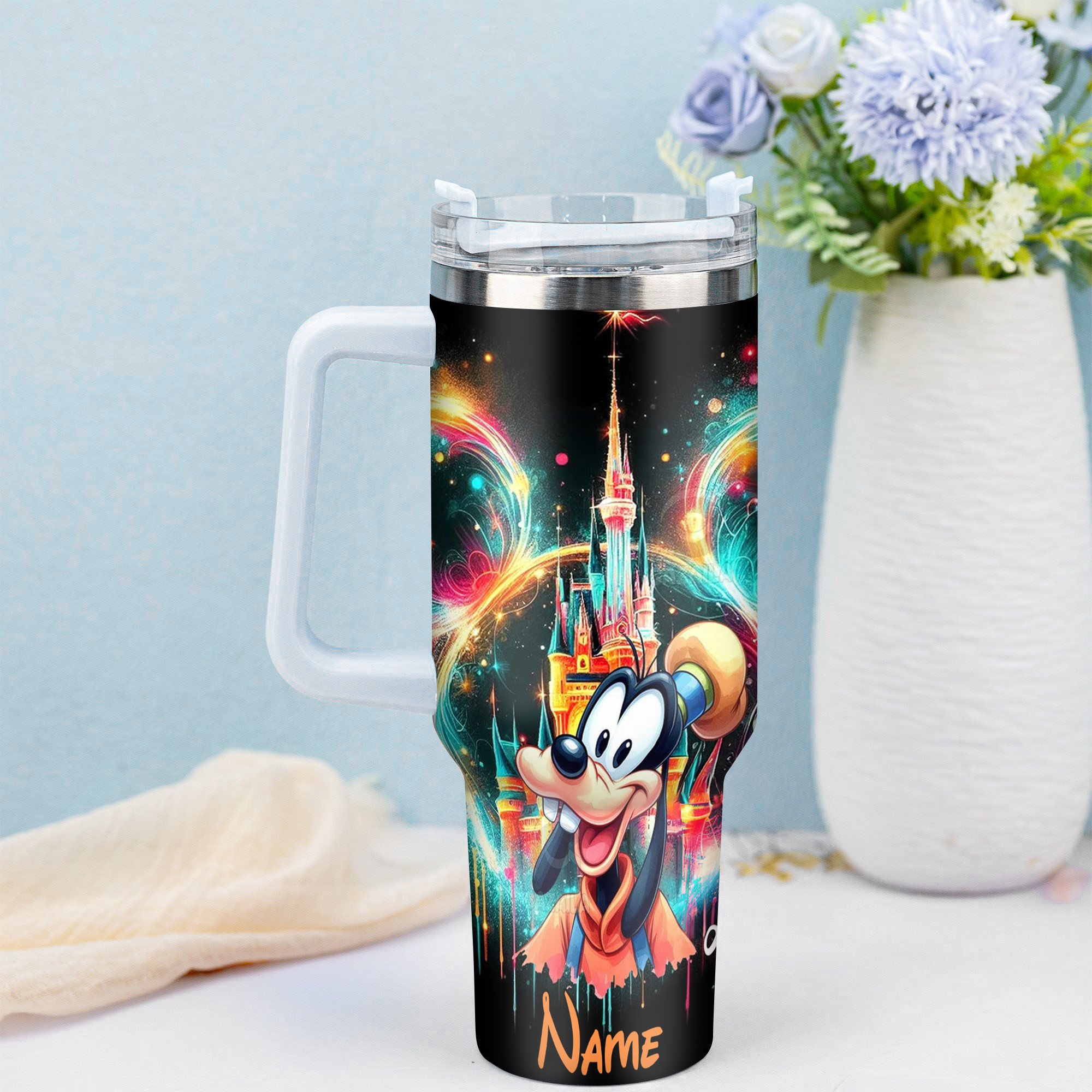 Personalized Magical Cartoon Castle Tumbler with Straw - Custom Name Gift - Image 3