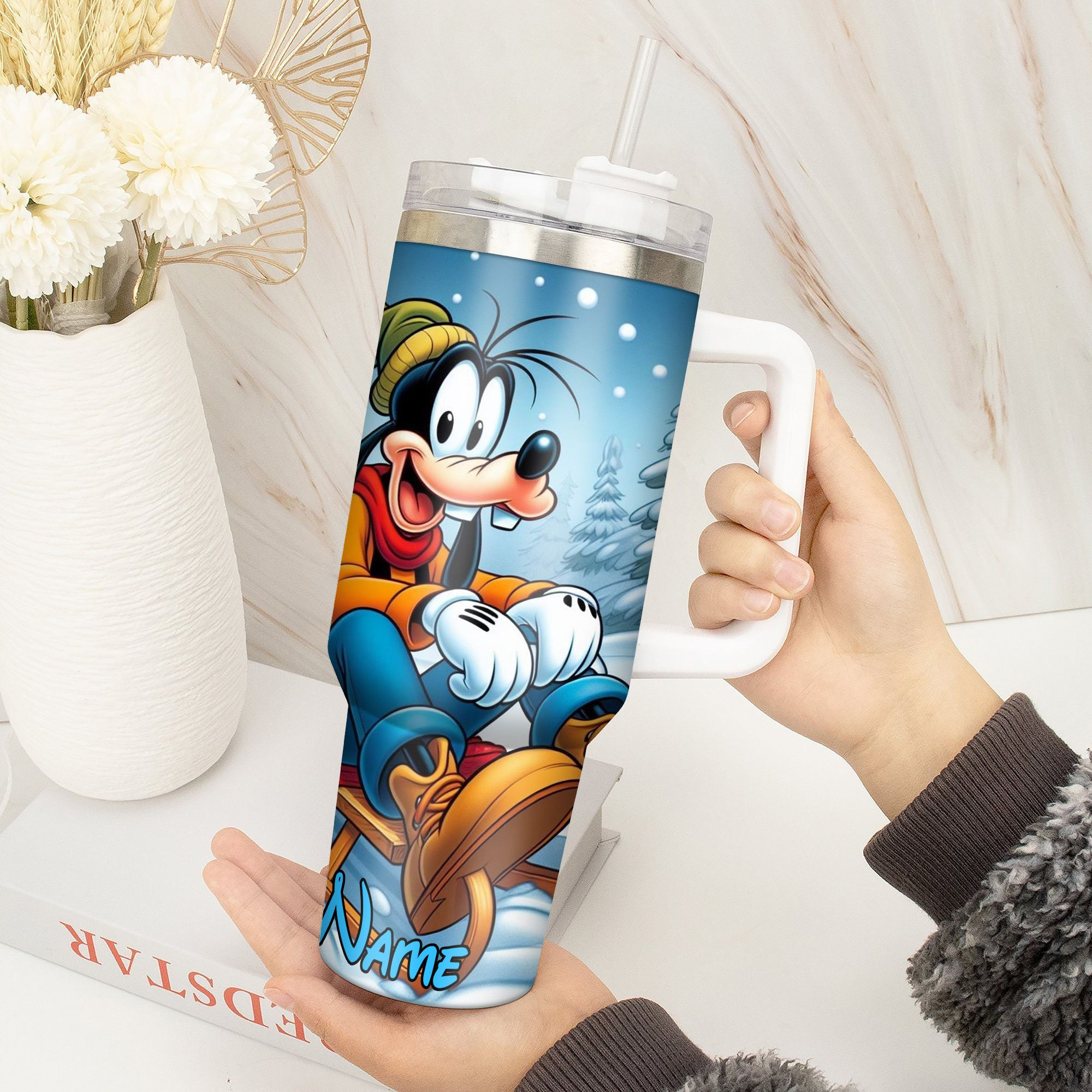 Personalized Winter Wonderland Cartoon Tumbler with Straw - Perfect Gift - Image 2