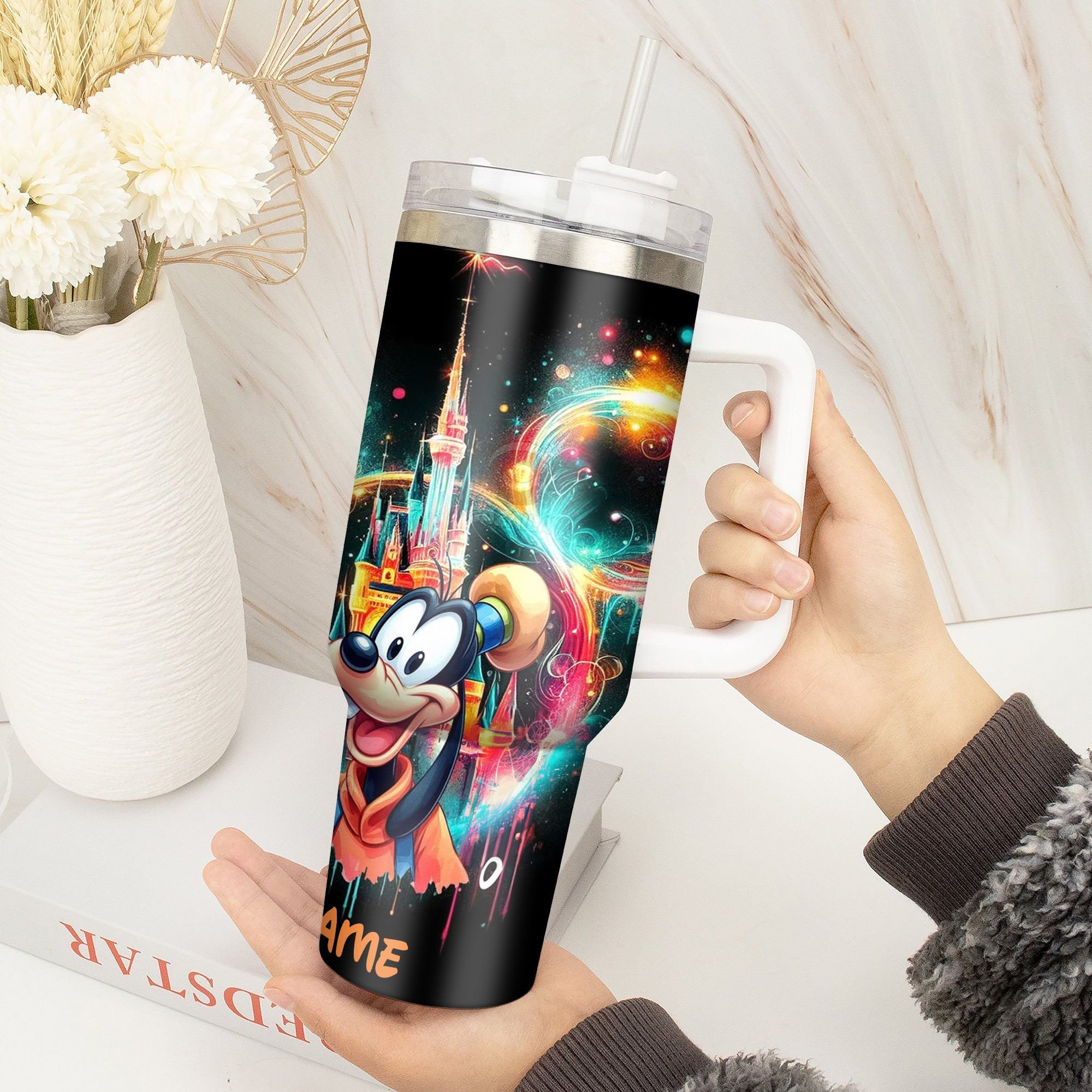 Personalized Magical Cartoon Castle Tumbler with Straw - Custom Name Gift - Image 4