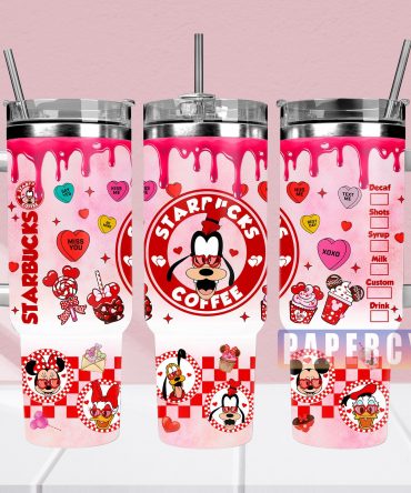 Cute Valentine's Day Coffee Tumbler with Cartoon Characters and Heart Designs