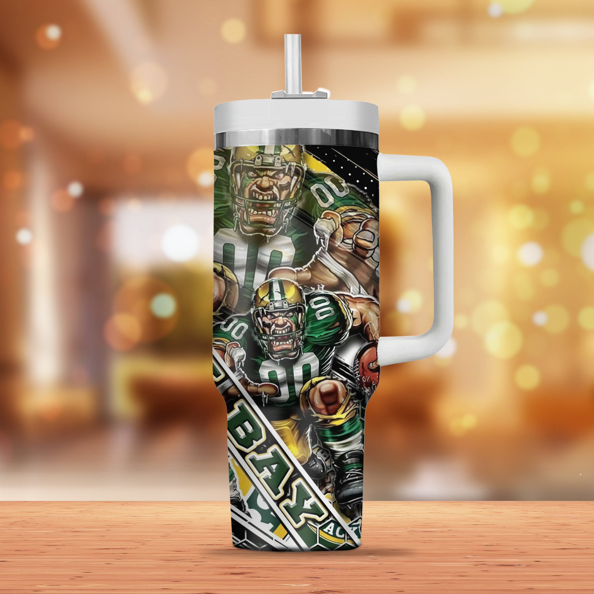 Green Bay Packers Fan Mug - Double-Sided Graphic Travel Tumbler with Straw - Image 3