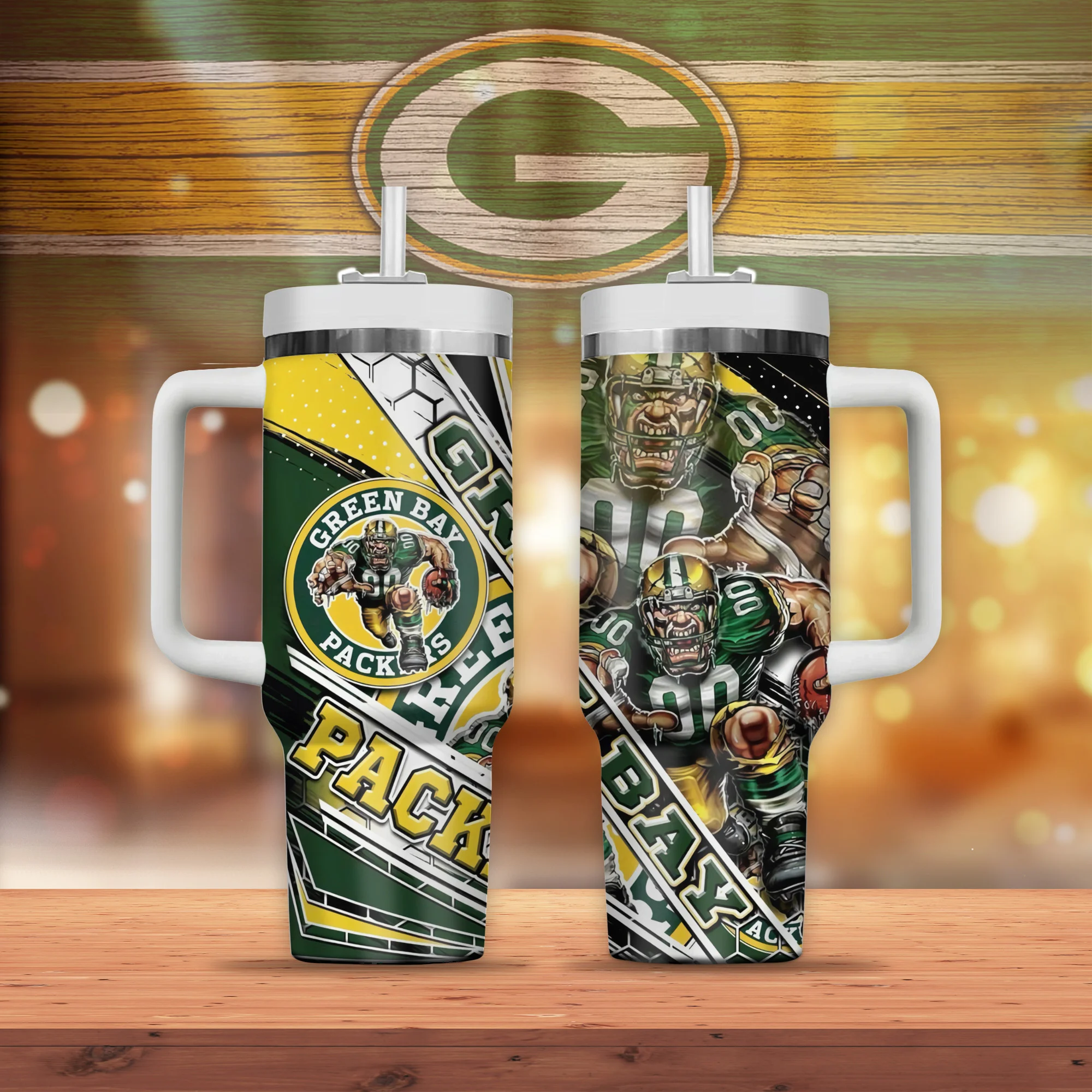 Green Bay Packers Fan Mug - Double-Sided Graphic Travel Tumbler with Straw