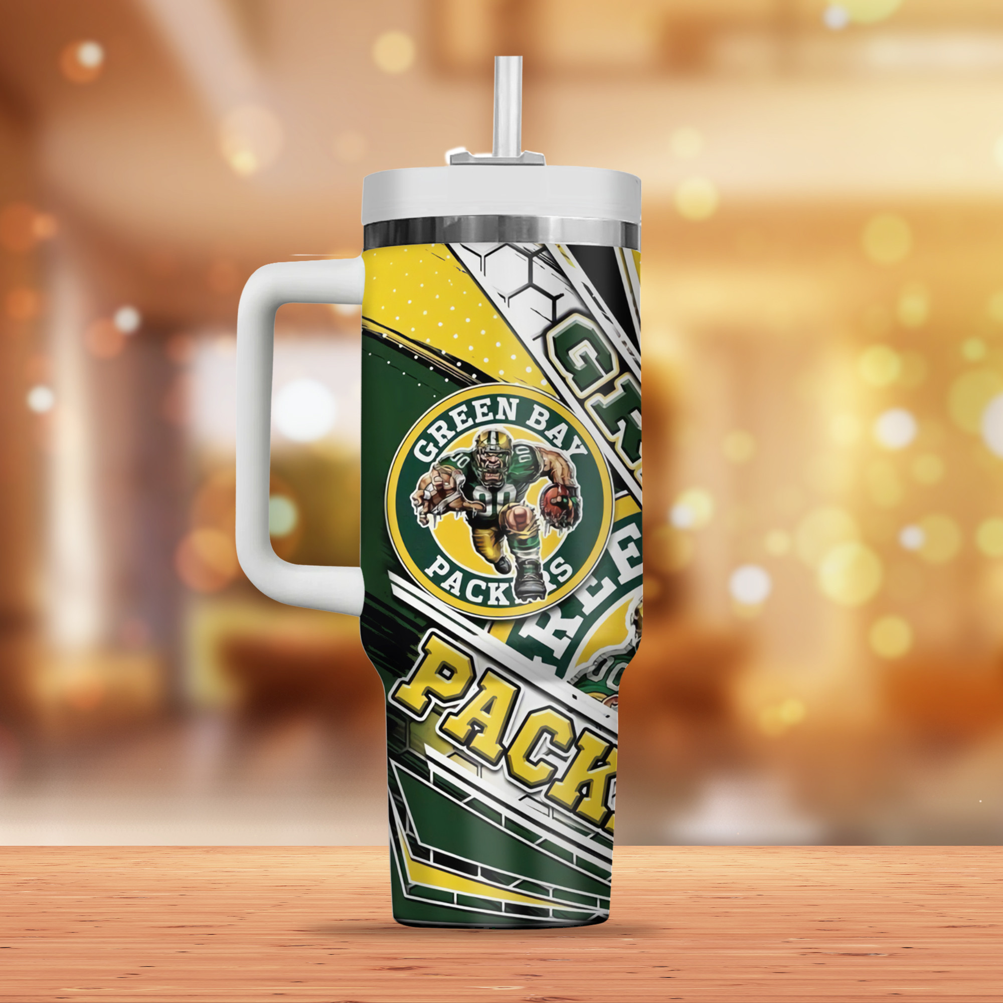 Green Bay Packers Fan Mug - Double-Sided Graphic Travel Tumbler with Straw - Image 2