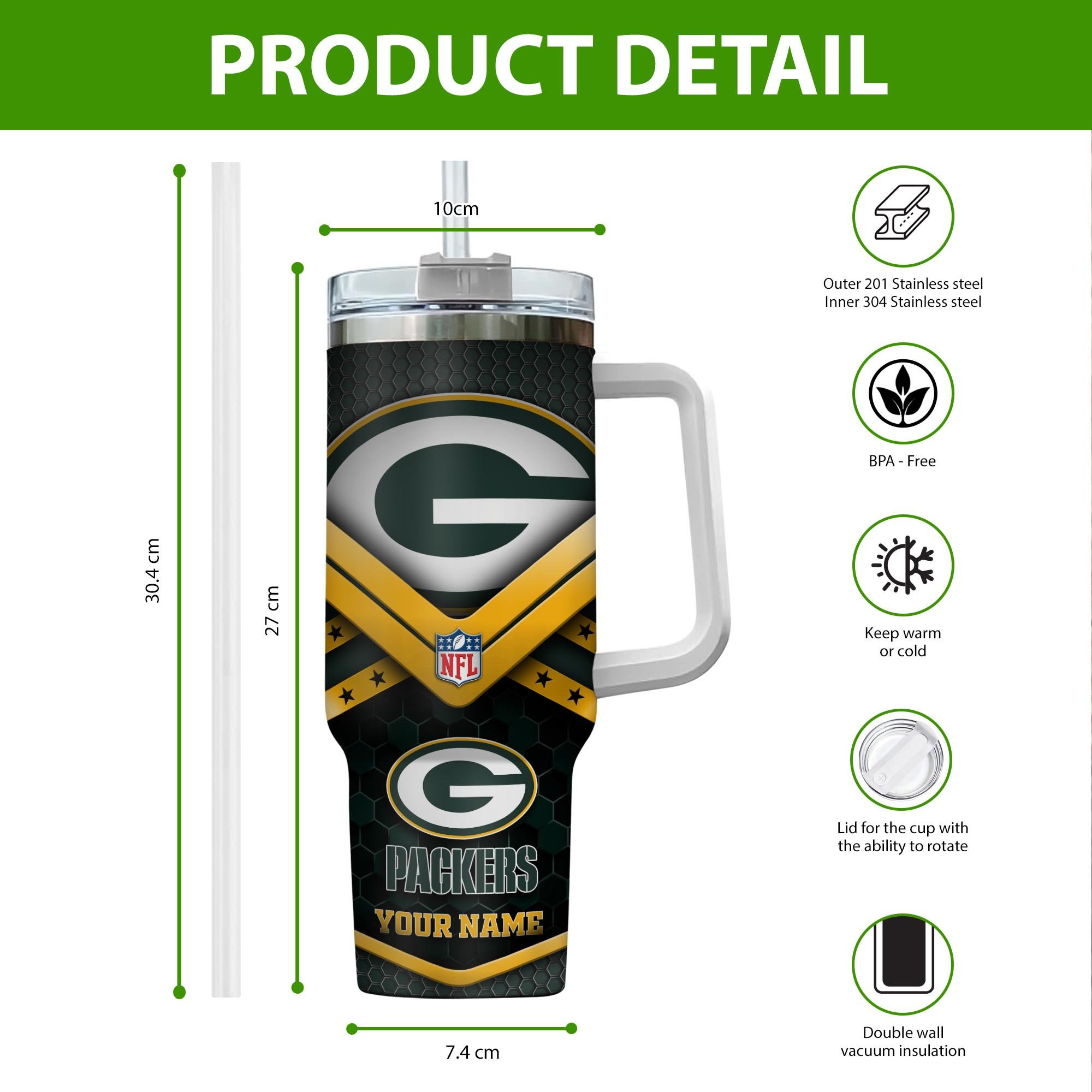 Customizable Green Bay Packers Tumbler with Handle - Perfect Gift for NFL Fans - Image 2