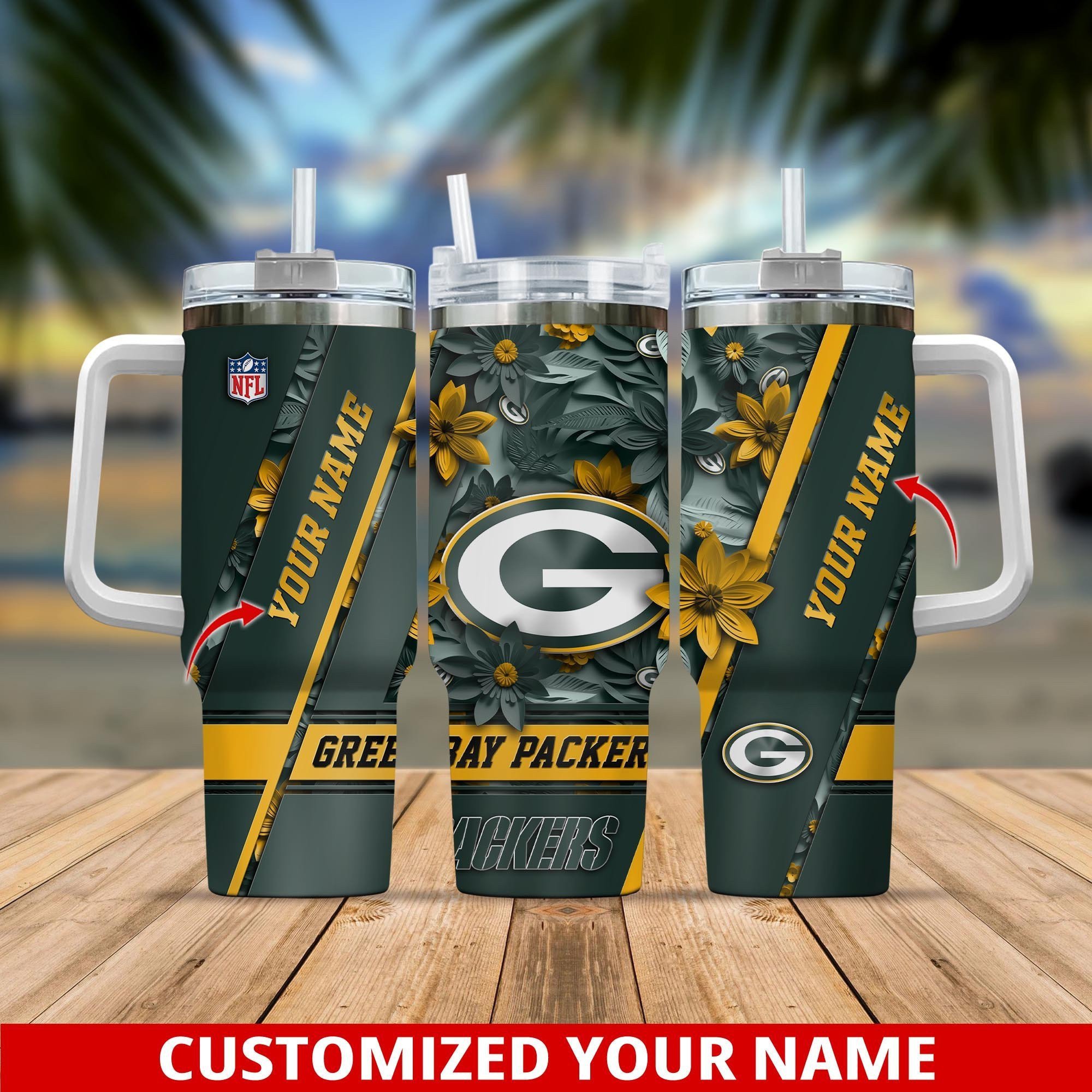 Personalized Green Bay Packers Tumbler with Handle - Custom Name Gift