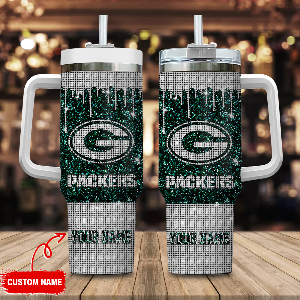 Custom Glitter Green Bay Tumbler - Personalized Name & Logo Design