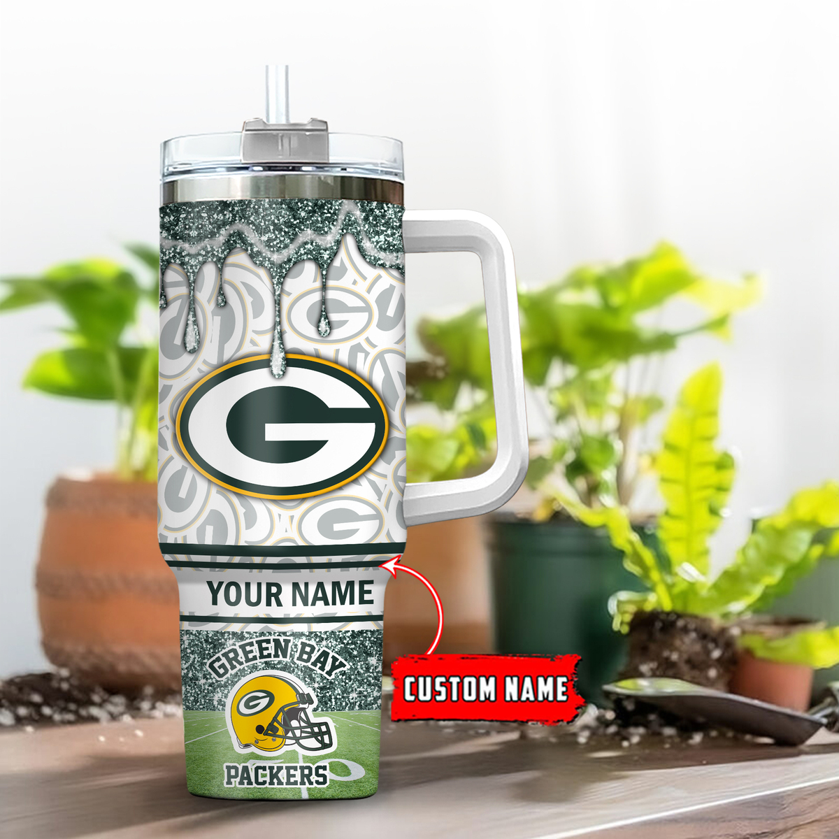 Custom Green Bay Packers Tumbler with Handle - Personalized Name Gift