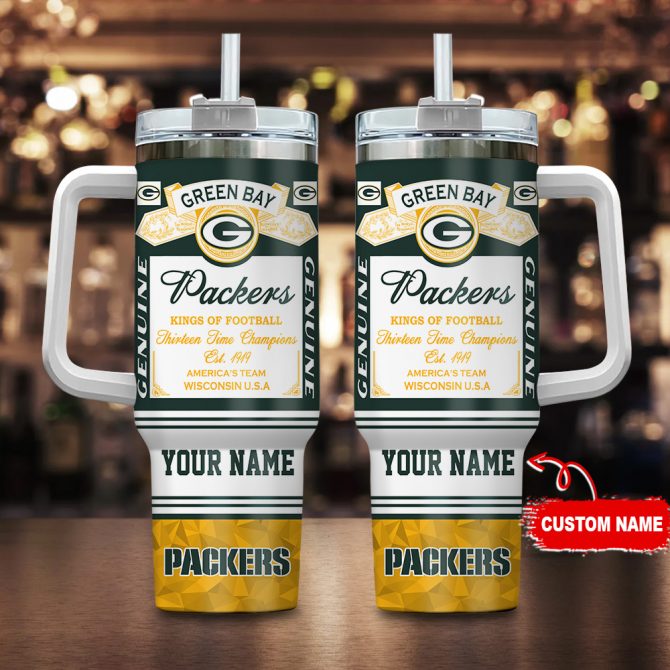 Custom Green Bay Packers Tumbler - Personalized NFL Fan Mug with Straw & Handle