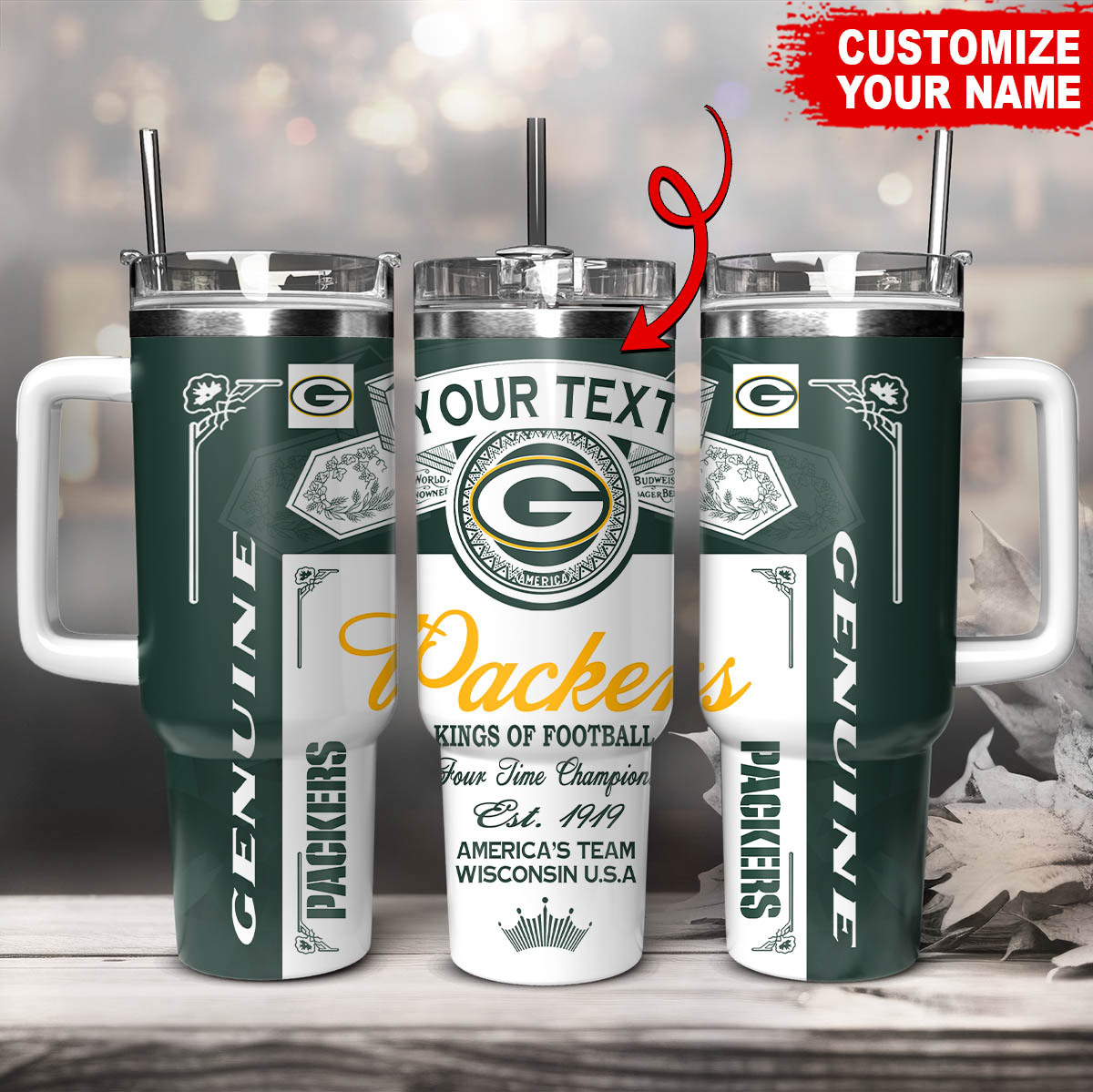 Customizable Green Bay Fan Tumbler with Handle - Personalized Name & Logo