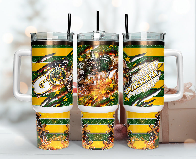 Green Bay Football Fan Tumbler - Insulated Travel Mug with Handle & Straw