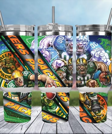 Green Bay Packers Football Tumbler - Double Walled Insulated Mug with Handle & Straw