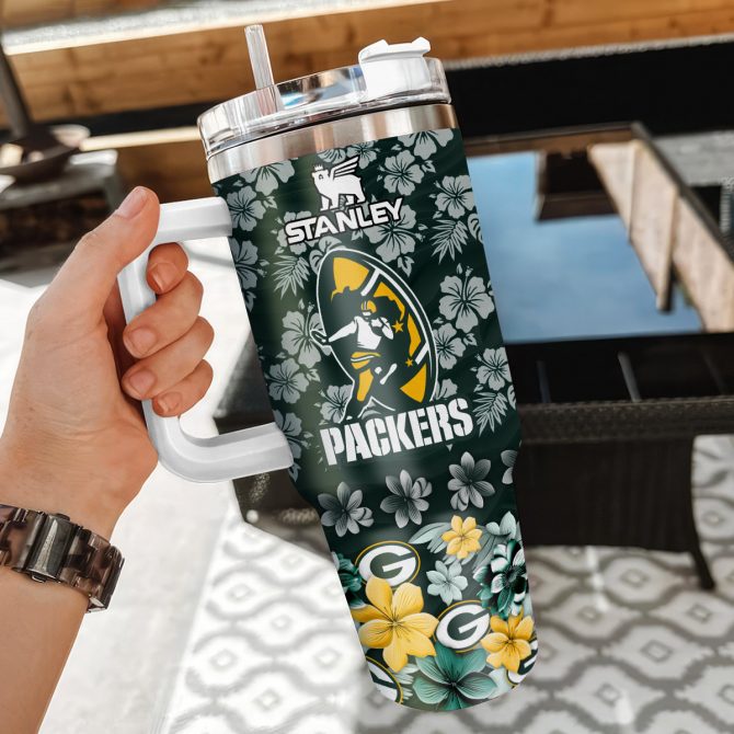 Customizable Floral Green Bay Packers Tumbler with Handle & Straw - Image 3