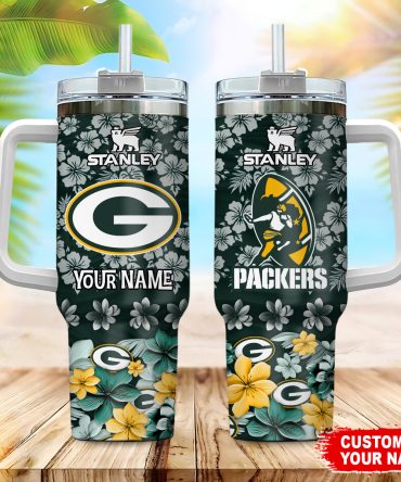 Customizable Floral Green Bay Packers Tumbler with Handle & Straw