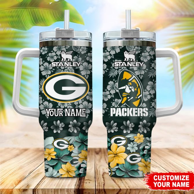 Customizable Floral Green Bay Packers Tumbler with Handle & Straw