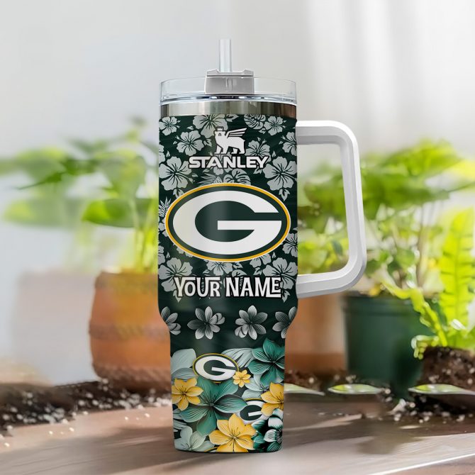 Customizable Floral Green Bay Packers Tumbler with Handle & Straw - Image 2