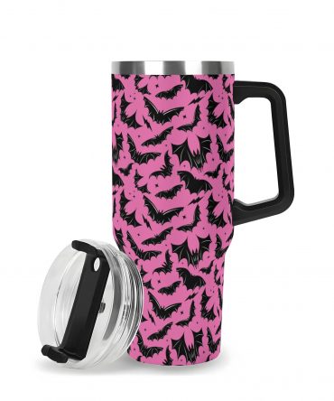 Stylish Pink Bat Patterned Travel Mug with Handle - Perfect for Hot & Cold Drinks