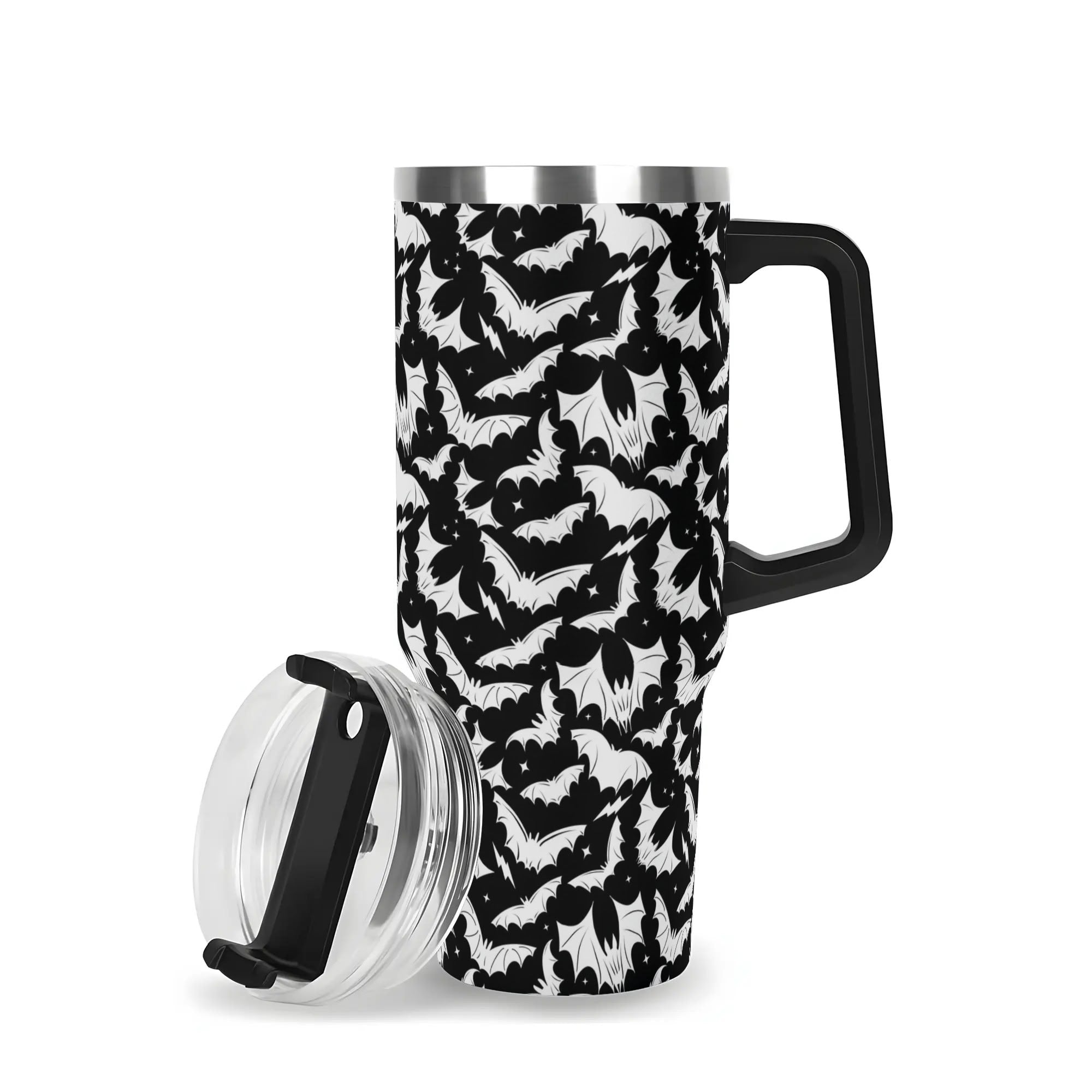 Spooky Bat Pattern Travel Mug - Insulated, Leak-Proof, 16oz