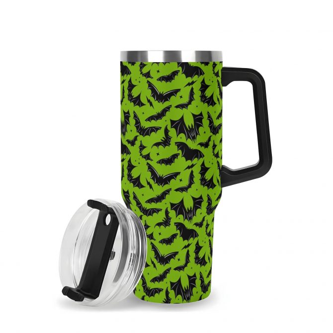 Spooky Bat Pattern Travel Mug with Handle - Insulated Tumbler for Hot & Cold Drinks