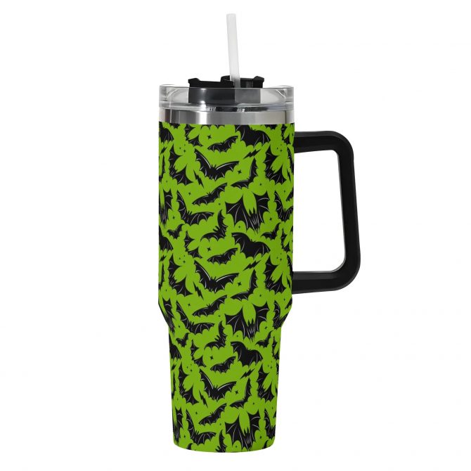 Spooky Bat Pattern Travel Mug with Handle - Insulated Tumbler for Hot & Cold Drinks - Image 2