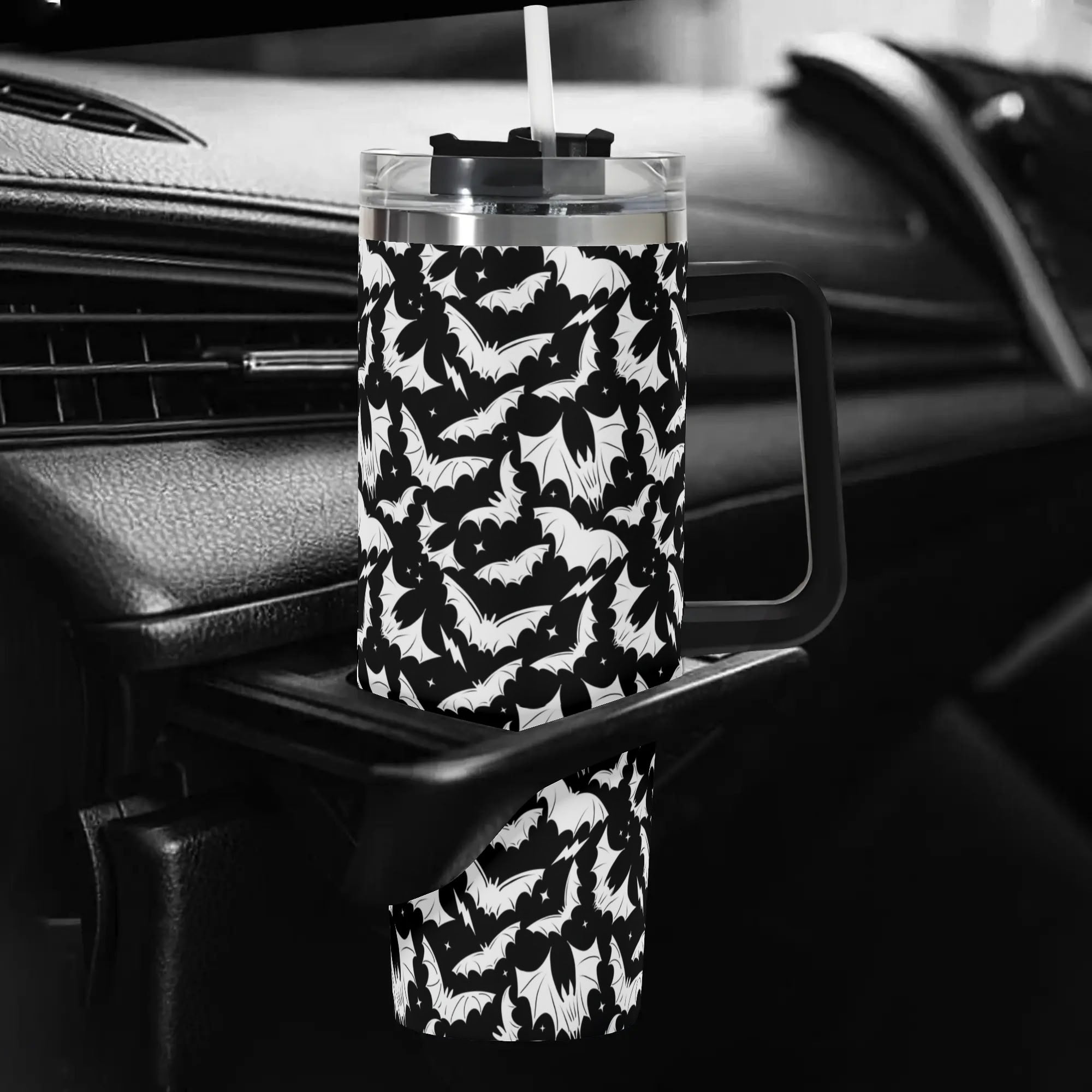 Spooky Bat Pattern Travel Mug - Insulated, Leak-Proof, 16oz - Image 5