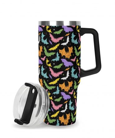Colorful Bat Pattern Travel Mug - Spill-Proof Insulated Tumbler with Handle