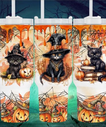 Enchanting Halloween Black Cat Tumbler - Spooky Pumpkin & Witch Hat Design