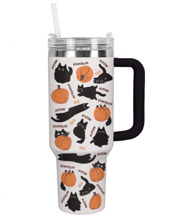 Cute Cat & Pumpkin Pattern Travel Mug with Straw - Perfect for Fall Adventures