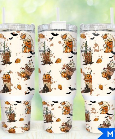 Spooky Autumn Tumbler with Handle – Halloween Pumpkin & Ghost Design