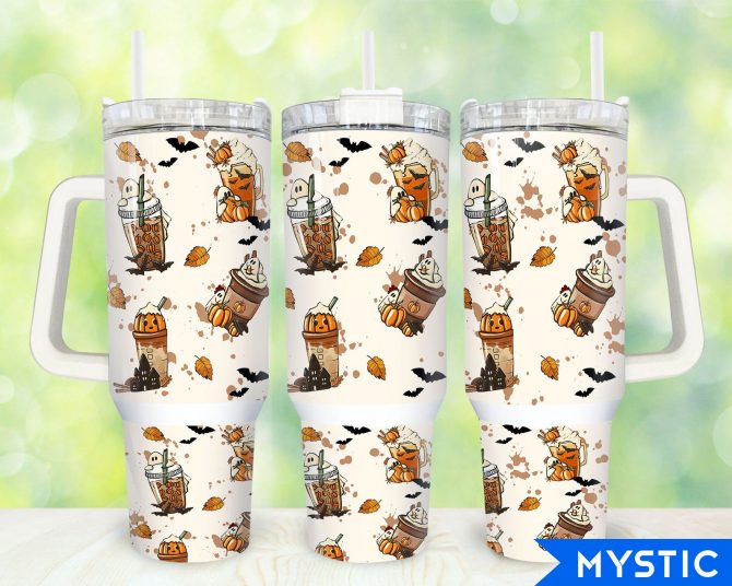 Spooky Autumn Tumbler with Handle – Halloween Pumpkin & Ghost Design