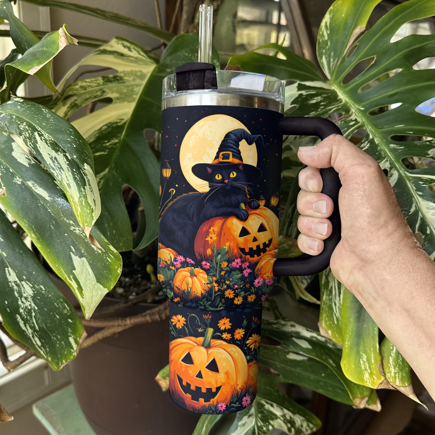 Spooky Halloween Black Cat & Pumpkin Insulated Tumbler – Perfect for Fall Sips - Image 3