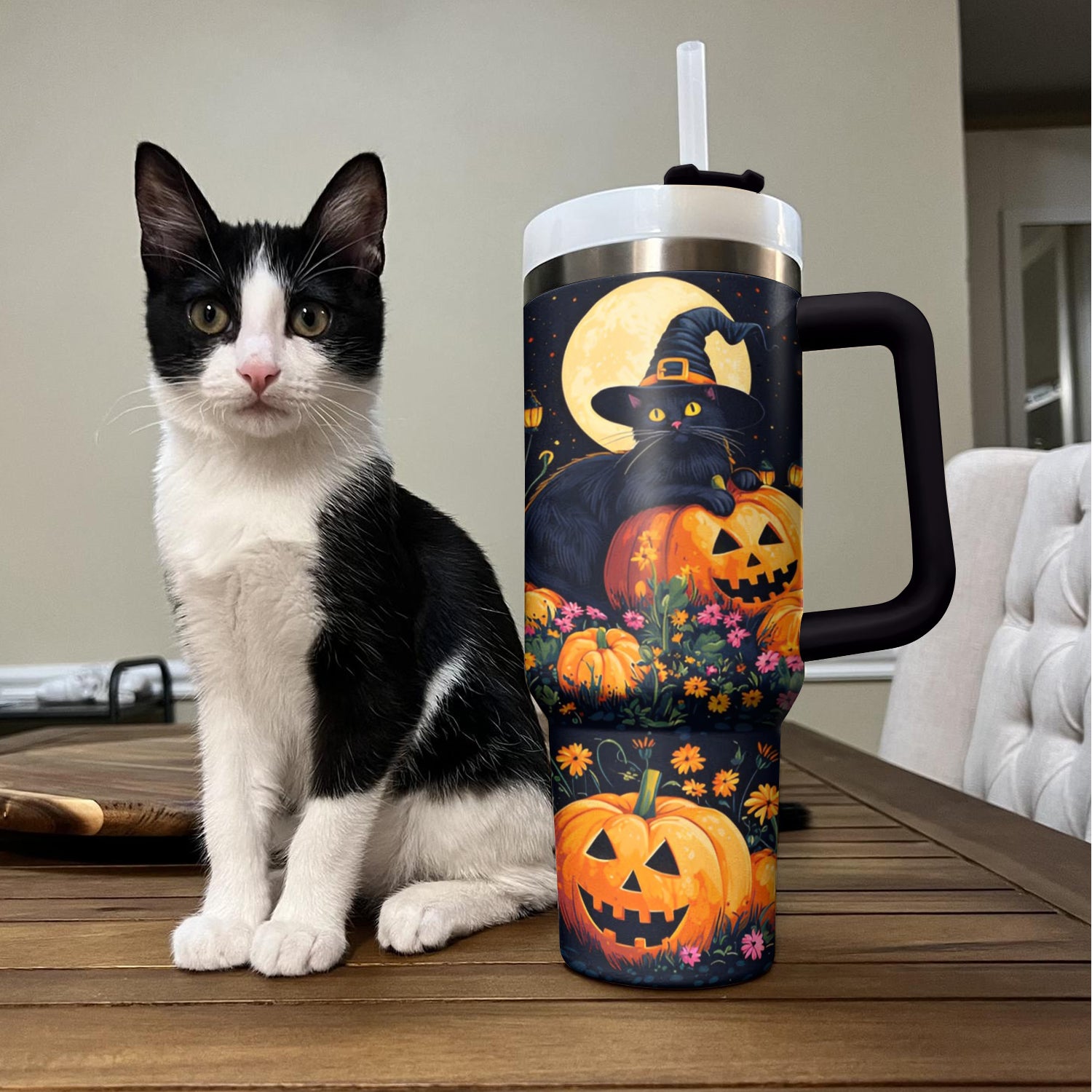 Spooky Halloween Black Cat & Pumpkin Insulated Tumbler – Perfect for Fall Sips - Image 2