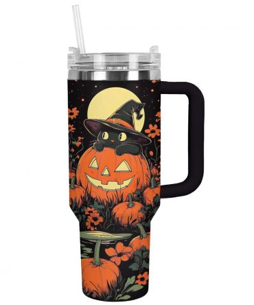 Spooky Cat & Pumpkin Halloween Tumbler with Straw - Perfect for Autumn Sips