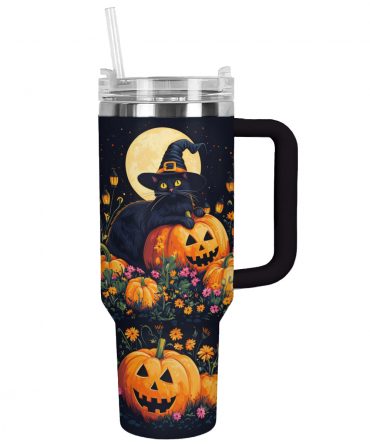 Spooky Halloween Black Cat & Pumpkin Insulated Tumbler – Perfect for Fall Sips