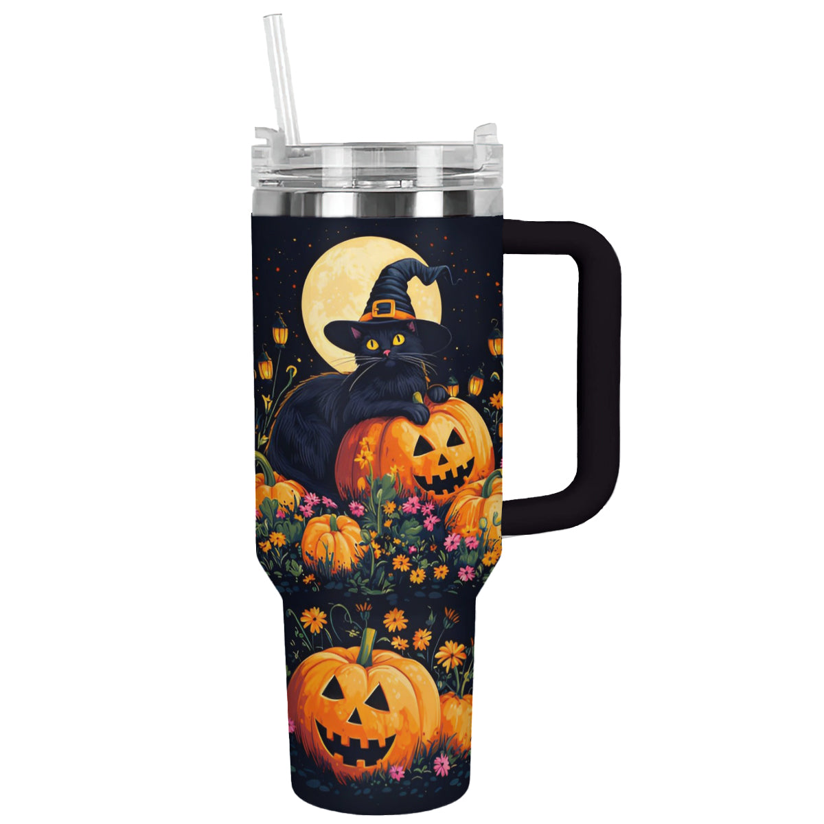 Spooky Halloween Black Cat & Pumpkin Insulated Tumbler – Perfect for Fall Sips