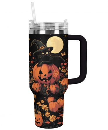 Halloween Black Cat Pumpkin Tumbler with Straw - Spooky Chic Drinkware